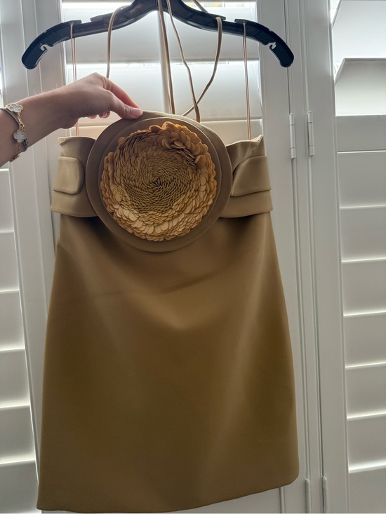 Alexis Dresses & Skirts - Alexis Camel Mini Dress with Rosette Applique